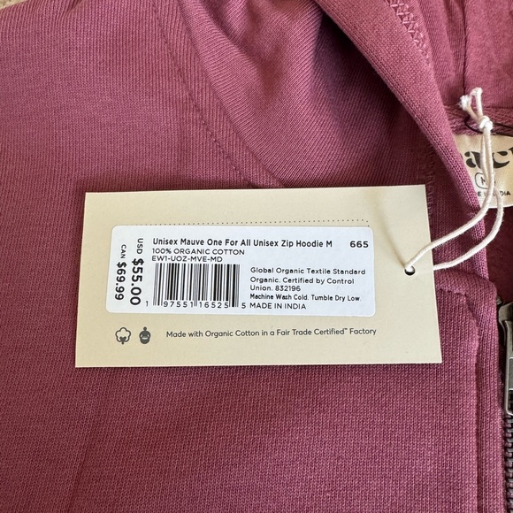 Pact Organic Cotton Unisex One For All Zip Up Hoodie - Mauve - Size Medium - Picture 2 of 9